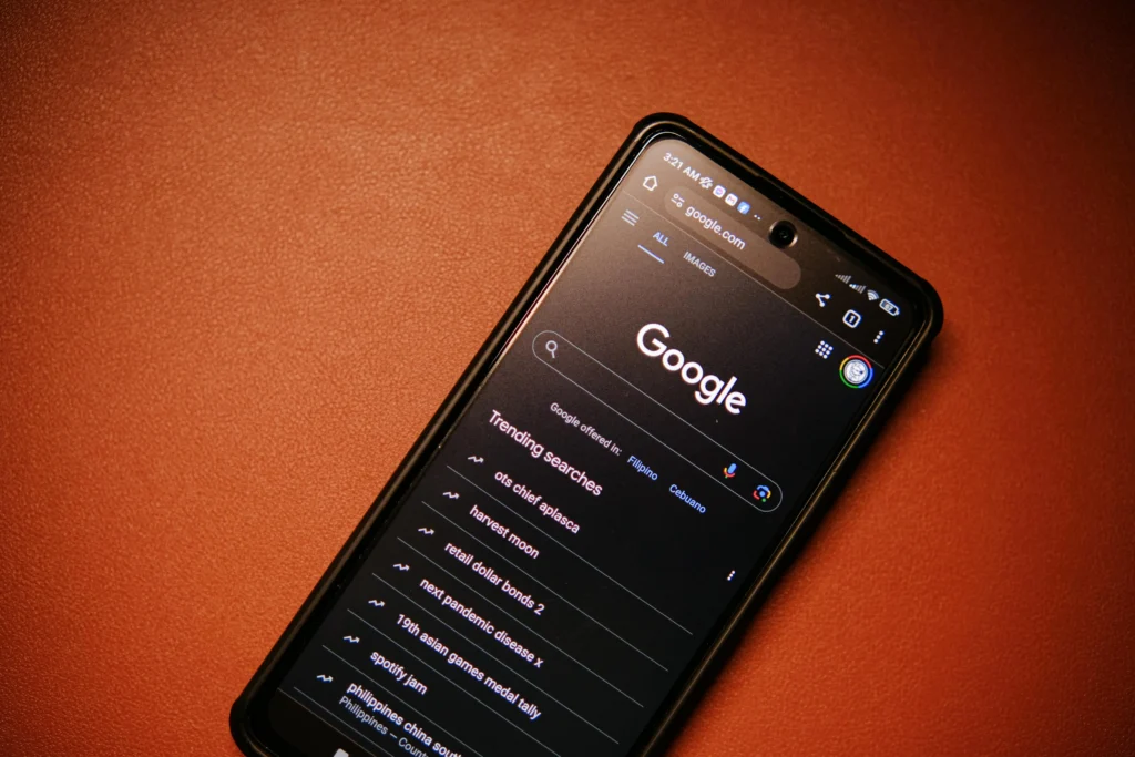 A phone showing Google's search page