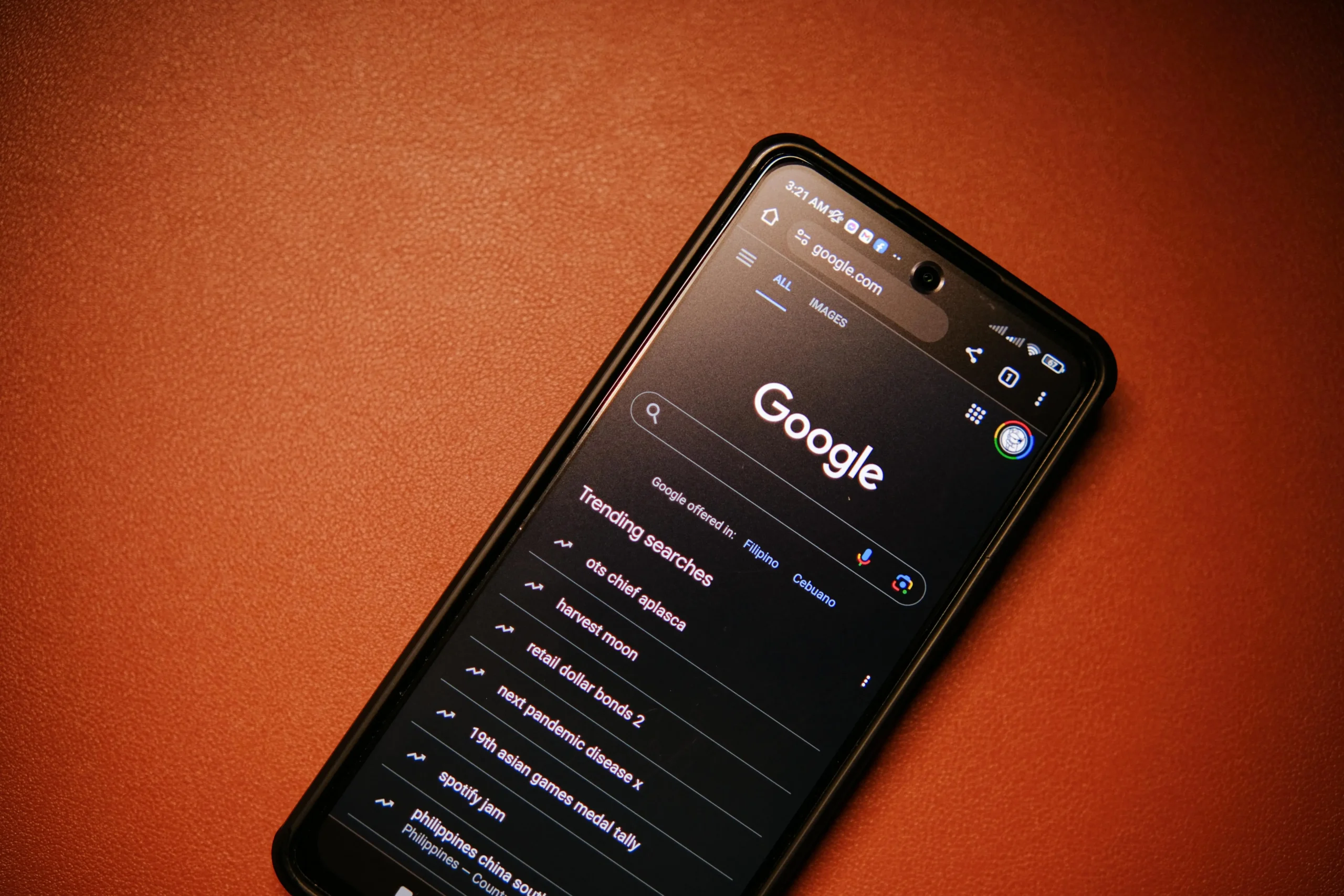 A phone showing Google's search page